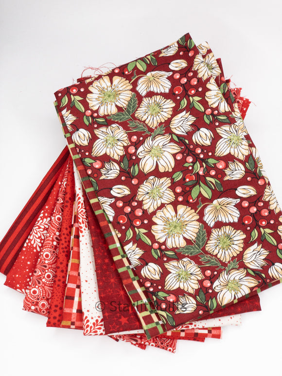 Jolly Good Cranberry Color Bundle includes 9 Fat Quarter Prints